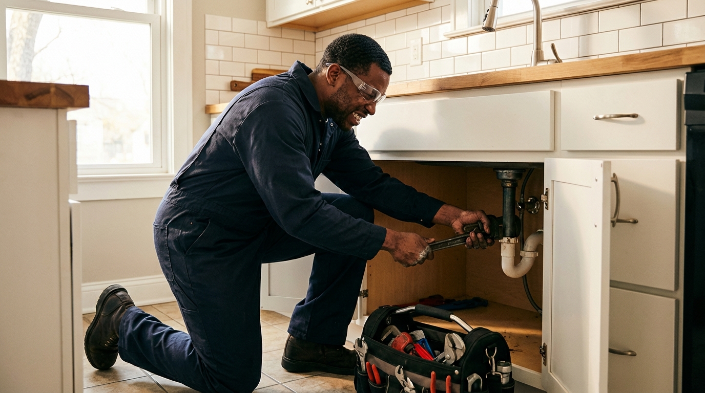 Professional plumber working in a modern home kitchen
