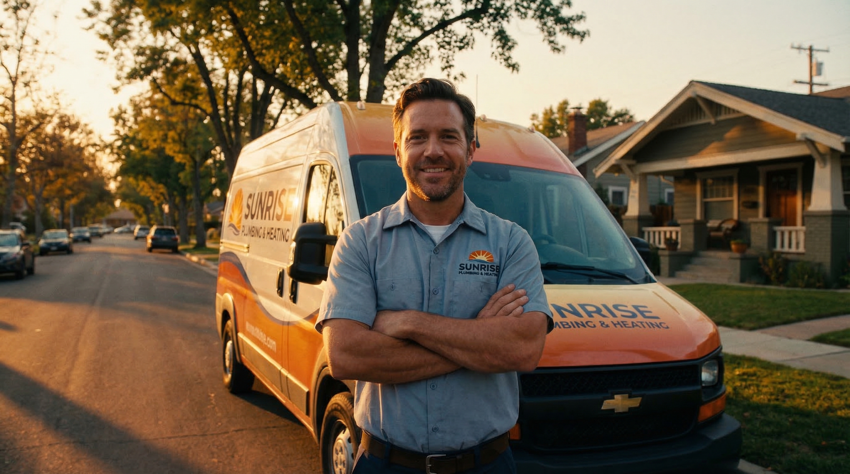 Confident professional contractor standing proudly in front of their work van